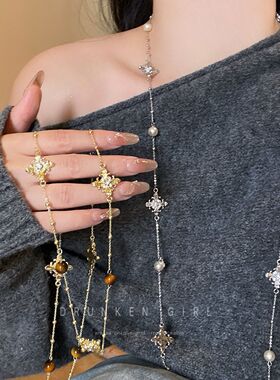 甜酷千金 鸢尾花珍珠毛衣链女冬天配毛衣的项链小众高级颈链配饰