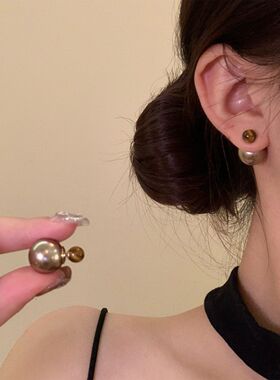 前后两戴式圆球香槟金珍珠耳环女复古秋冬美拉德耳饰巨好看耳钉