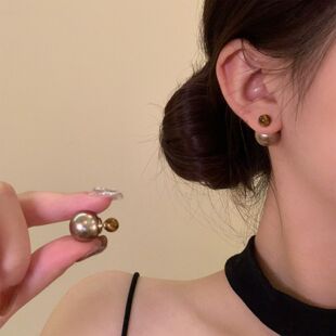 前后两戴式圆球香槟金珍珠耳环女复古秋冬美拉德耳饰巨好看耳钉
