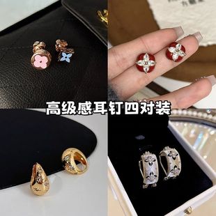 玫瑰金滴釉老花不对称AB版高级感气质耳钉2025新款百搭设计耳饰