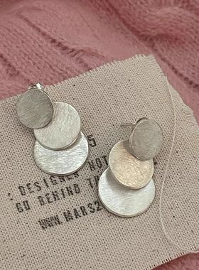 泰国手工小众文艺古朴三层圆片几何圆形叠片拉丝耳环女