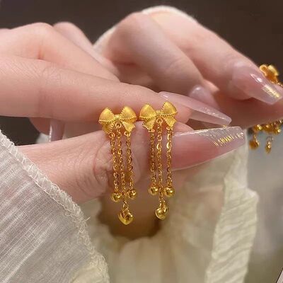 金色蝴蝶结流苏耳钉女甜美新款转运珠爱心在逃公主耳坠耳饰首饰
