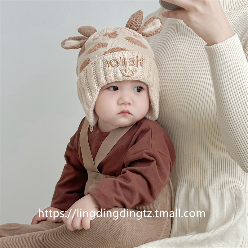 婴儿帽子秋冬款可爱超萌小鹿毛线护耳帽小月龄男女宝宝加厚针织帽