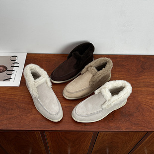 真皮秋冬加绒高帮lp乐福鞋女休闲棉鞋百搭保暖内雪地靴情侣鞋