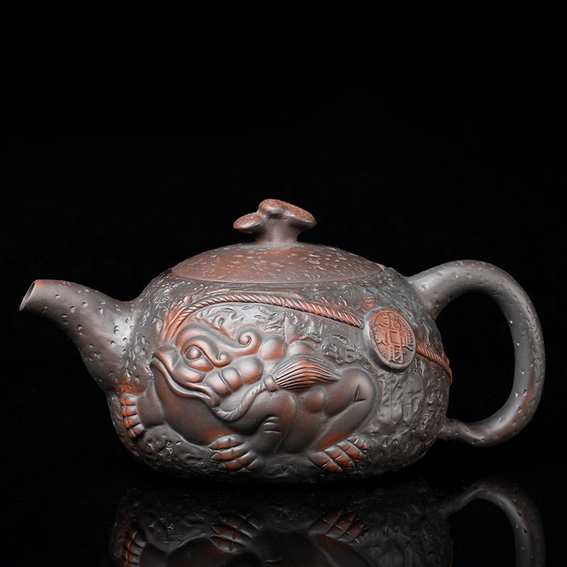 建水紫陶堆雕茶壶纯手工西施壶功夫茶具泡茶器陶制填堆雕刻金蟾壶