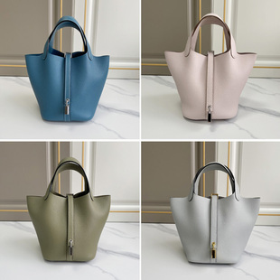 手工定制新款女包菜篮子18水桶包手提原厂TC荔枝纹牛皮大象灰ins