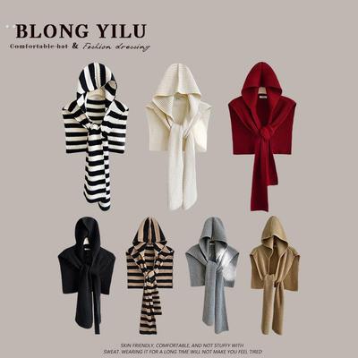 设计感条纹针织连帽披肩女秋冬新款保暖围巾帽子一体外搭护颈围脖