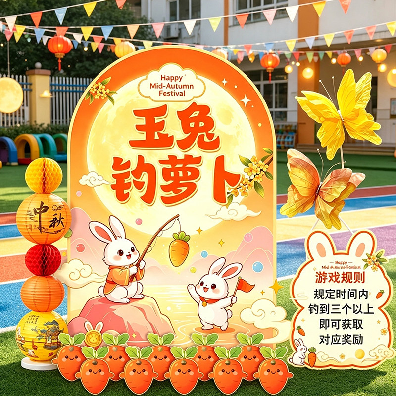 中秋玉兔钓萝卜游戏KT板幼儿园游园活动立牌场景布置拍照装饰道具
