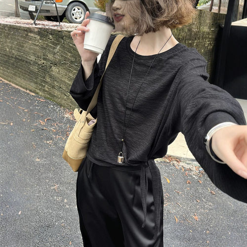 [初打]十三行早秋法式松弛不规则系带收腰亚麻棉百搭T恤女TB4157