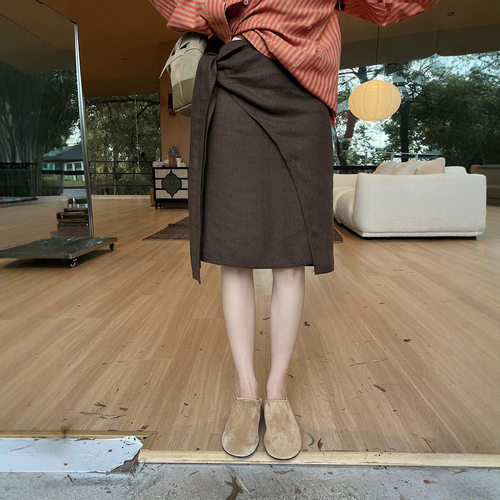 [初打]十三行秋法式苎麻天丝纹理围裹一片式中长半身裙女BQA5168