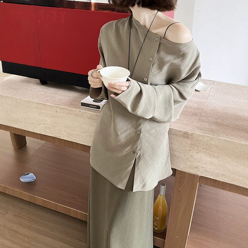 [初打]十三行早秋法式松弛荡领斜裁两穿气质百搭衬衫女CSA7161