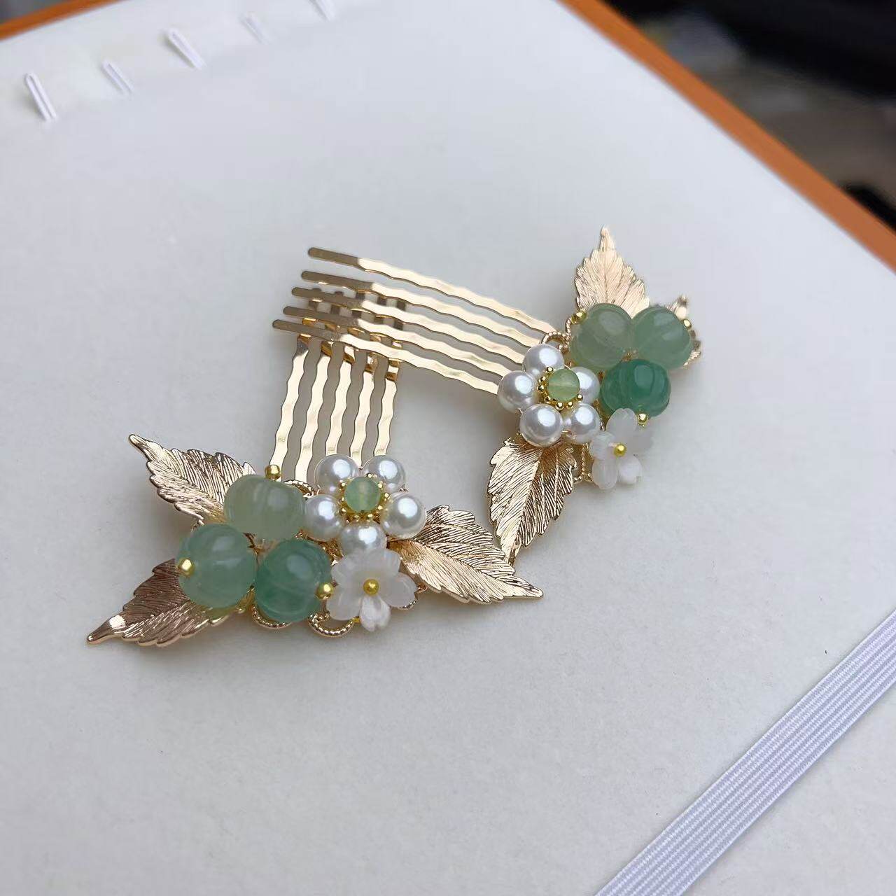 风晚林原创绿东陵玉南瓜树叶发梳汉服宋制新中式掩鬓插梳