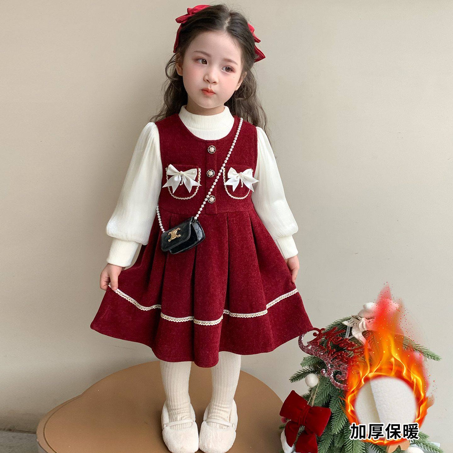女童加绒加厚连衣裙两件套2026秋冬新款儿童蝴蝶结公主裙保暖套装,童装/婴儿装/亲子装,套装,淘宝优惠券,粉丝福利购,淘宝优惠卷