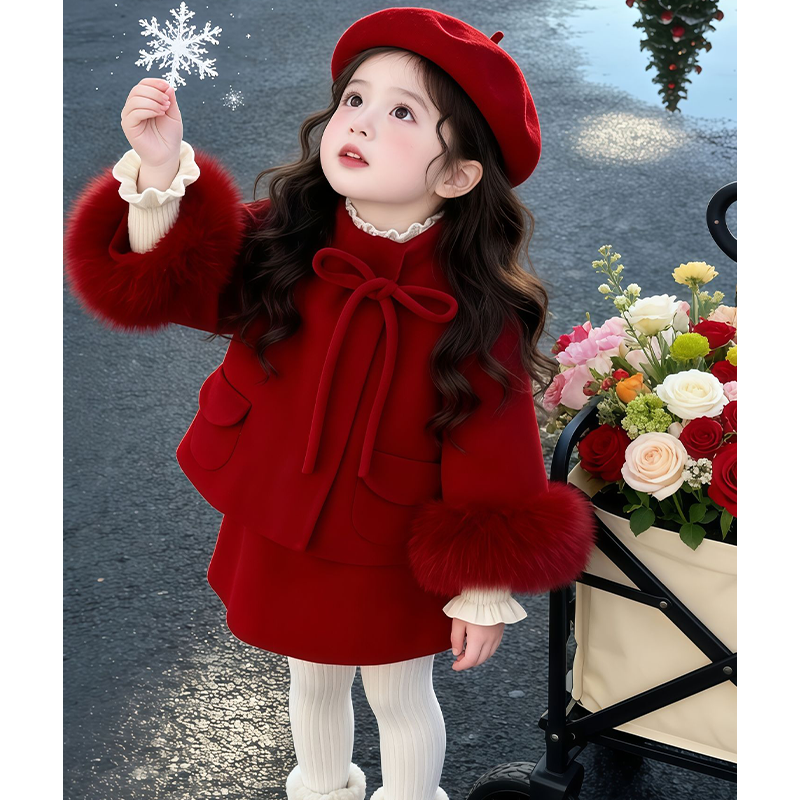 女童新年加绒套装2026冬季新款儿童毛毛袖加厚毛呢外套宝宝背心裙
