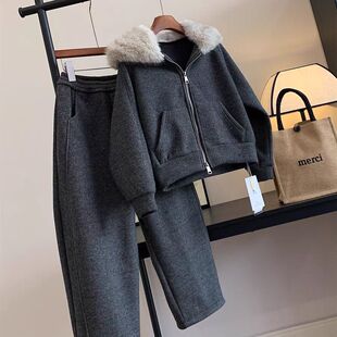 女童毛领加绒套装2026冬季新款女大童洋气韩版加厚外套裤子两件套