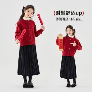 女童拜年服套装2026冬季新款儿童红色毛衣开衫丝绒裙大童新年衣服