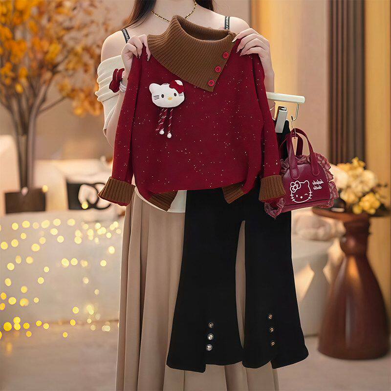 女童加厚毛衣套装2026秋冬季新款洋气儿童女孩喇叭裤针织衫两件套