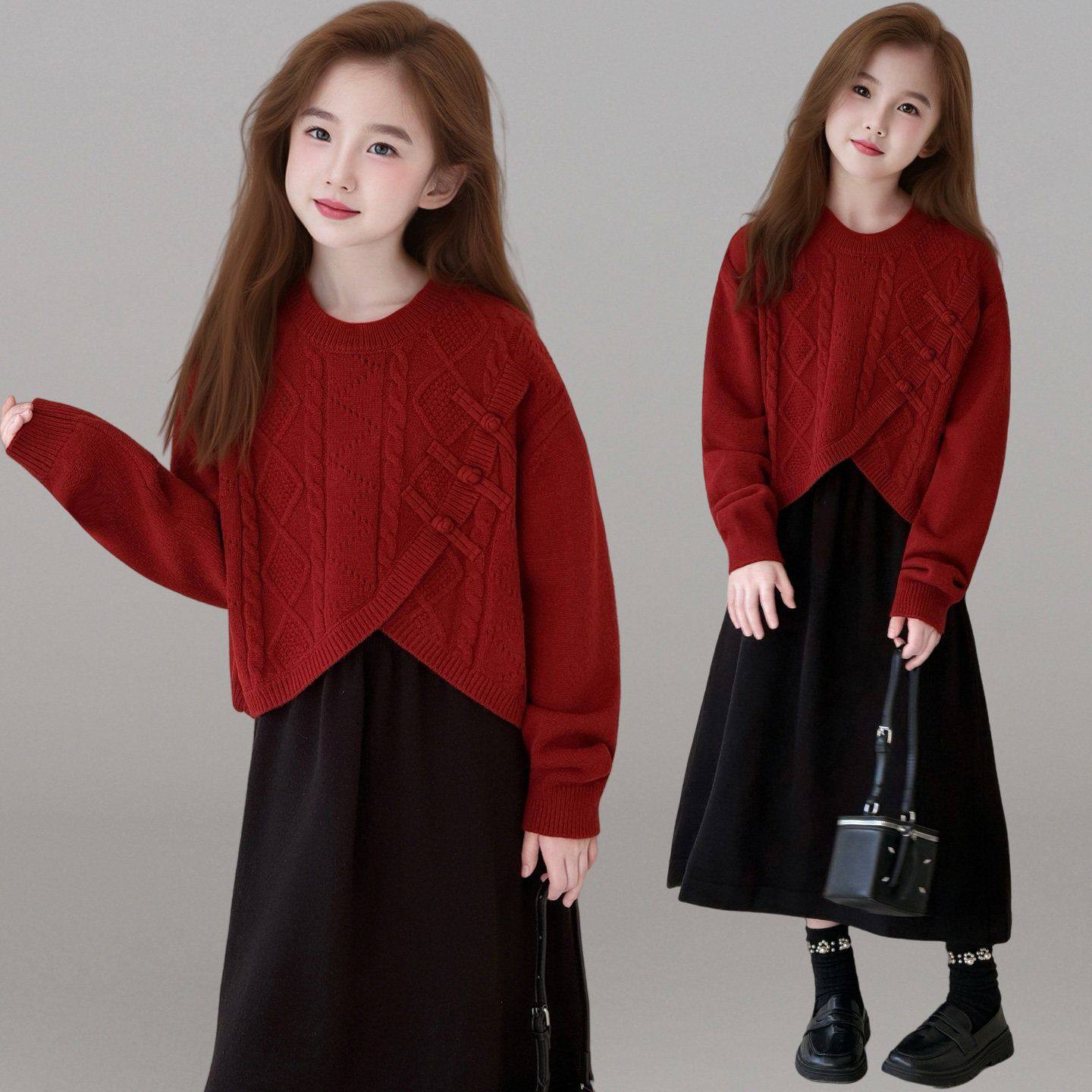 女童加厚连衣裙套装2026冬季新款女大童红毛衣背心裙两件套拜年服