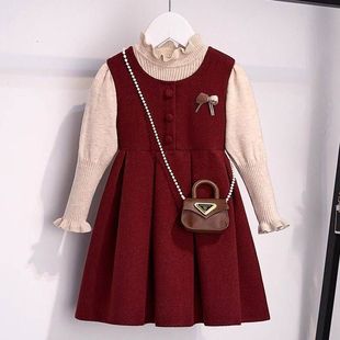 女童红色拜年服连衣裙2026冬季新款大童女孩过年毛衣裙子儿童套装