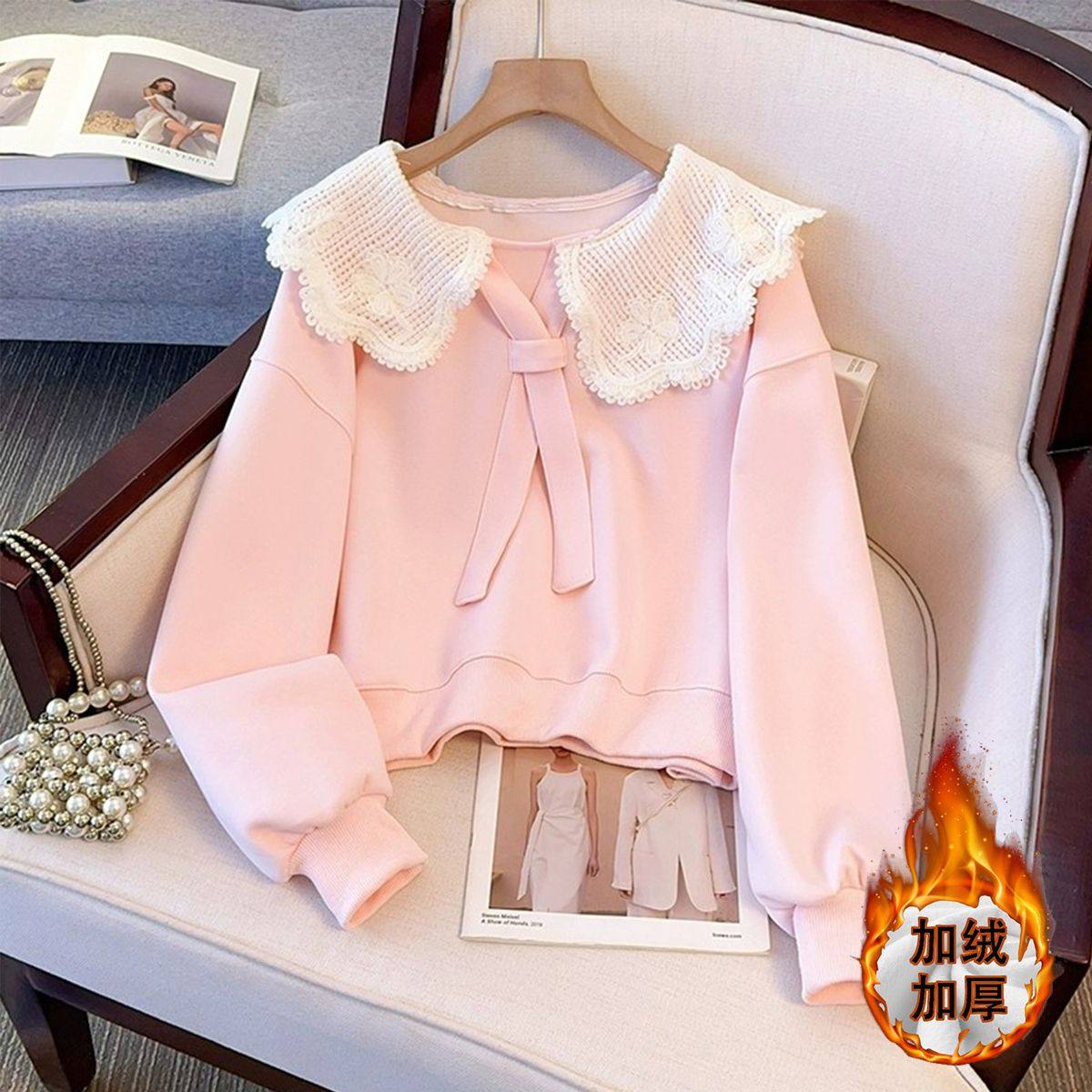 女童加绒加厚花边卫衣2026秋冬新款儿童秋冬娃娃领洋气中大童上衣,童装/婴儿装/亲子装,卫衣/绒衫,淘宝优惠券,粉丝福利购,淘宝优惠卷