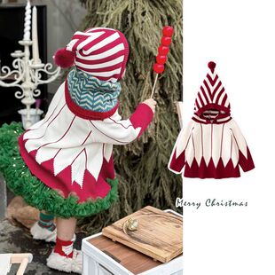 女童毛衣卫衣冬季新款韩版中大童洋气女孩撞色斗篷连帽外套上衣潮