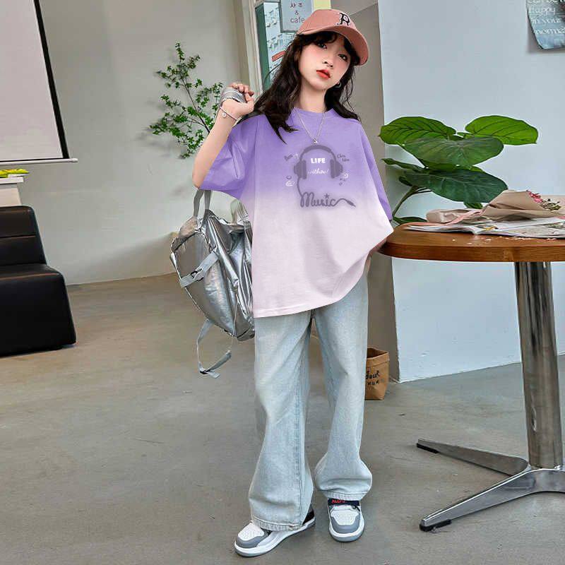 女童短袖T恤夏季2025新款儿童洋气渐变半袖纯棉大童休闲上衣女孩