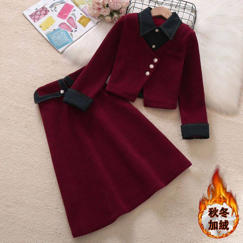 女童加厚连衣裙套装2026秋冬季新款洋气女孩大童牛仔假两件连衣裙