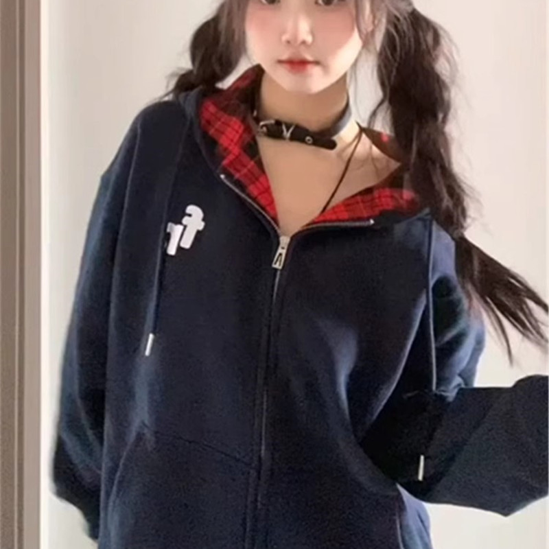美式复古撞色格子连帽卫衣女早秋