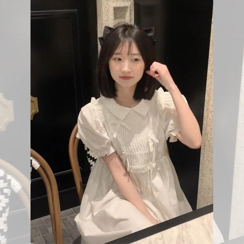法式白色泡泡袖娃娃领连衣裙女夏