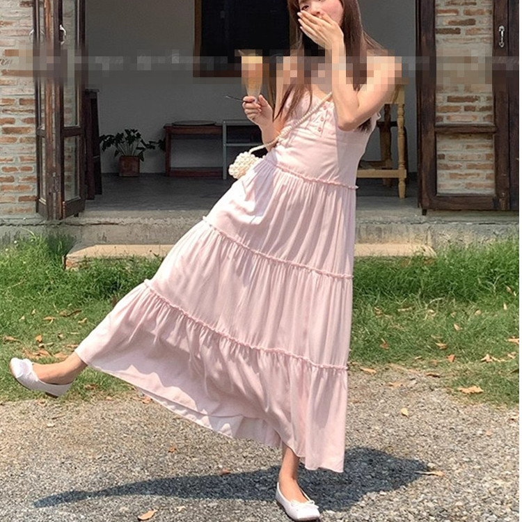 粉色温柔无袖吊带连衣裙女夏季新