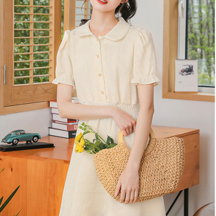 2025夏季新款学生娃娃领收腰褶皱连衣裙短袖小个子森系衬衫中长裙