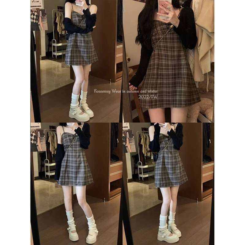 大码秋季穿搭格子连衣裙女胖MM收