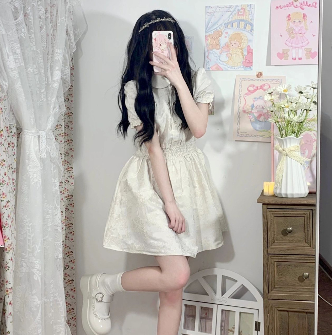 法式浮雕小个子提花连衣裙女夏娃