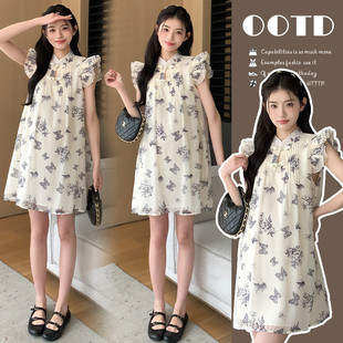 新中式国风印花小飞袖连衣裙女夏季宽松显瘦娃娃裙小个子雪纺短裙