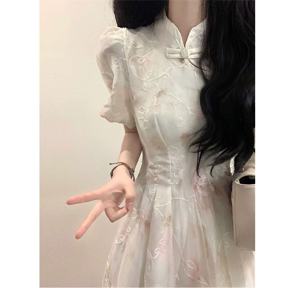 文艺国风立领旗袍收腰连衣裙小清