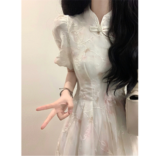 文艺国风立领旗袍收腰连衣裙小清新甜美裙子女夏季新品高腰a字裙