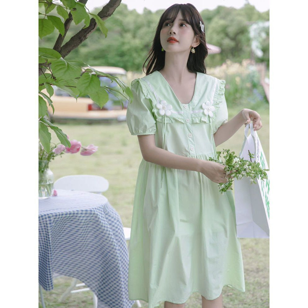 小清新甜美娃娃领连衣裙女夏季田
