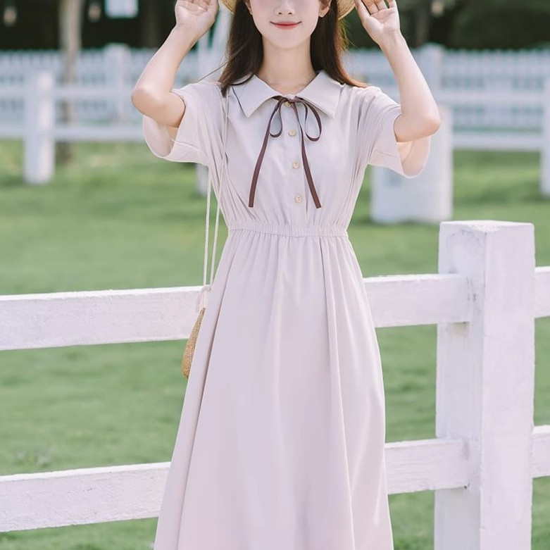 小清新polo翻领雪纺连衣裙夏收腰