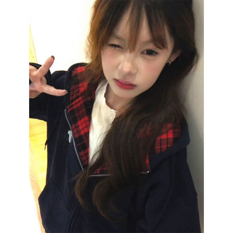 韩系拼接格子连帽卫衣外套女春秋冬开衫休闲设计感美式复古棒球服
