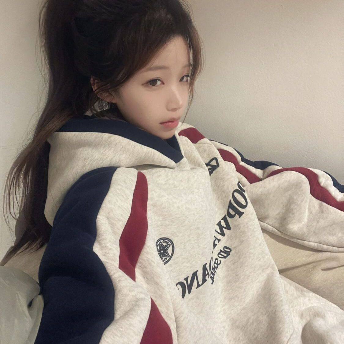 【撞色拼接】太酷啦!!!美式复古学院风INS韩版连帽卫衣女加绒上衣