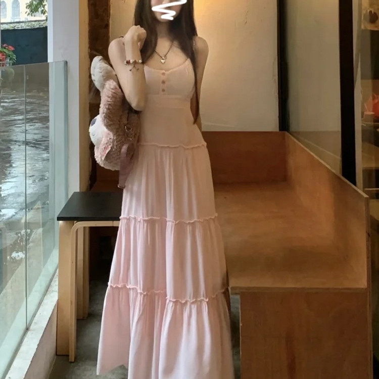 海边度假风粉色v领吊带连衣裙仙