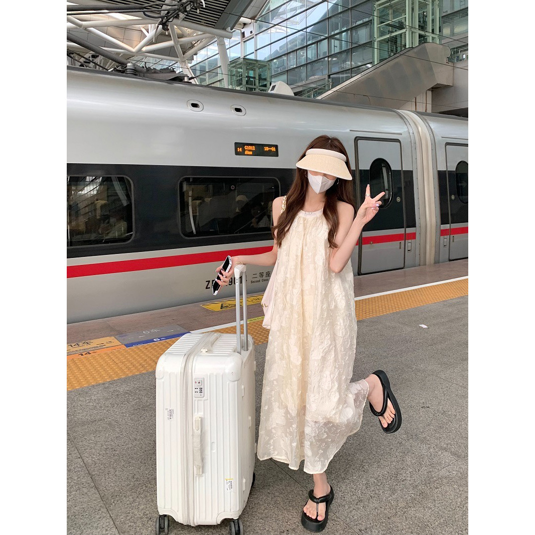 夏季小个子宽松挂脖森系桔梗长裙