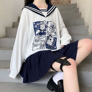 春秋装初高中学生卫衣少女甜美可爱海军领学院风软妹宽松长袖上衣