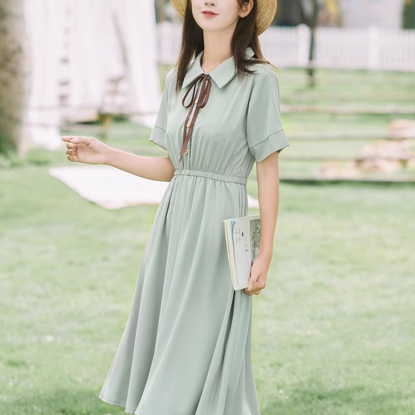 小清新polo翻领雪纺连衣裙夏收腰
