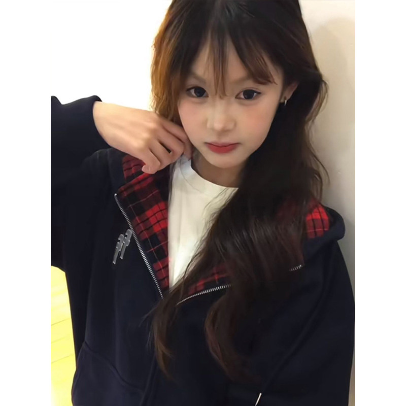 韩系拼接格子连帽卫衣外套女春秋冬开衫学生设计感美式复古棒球服