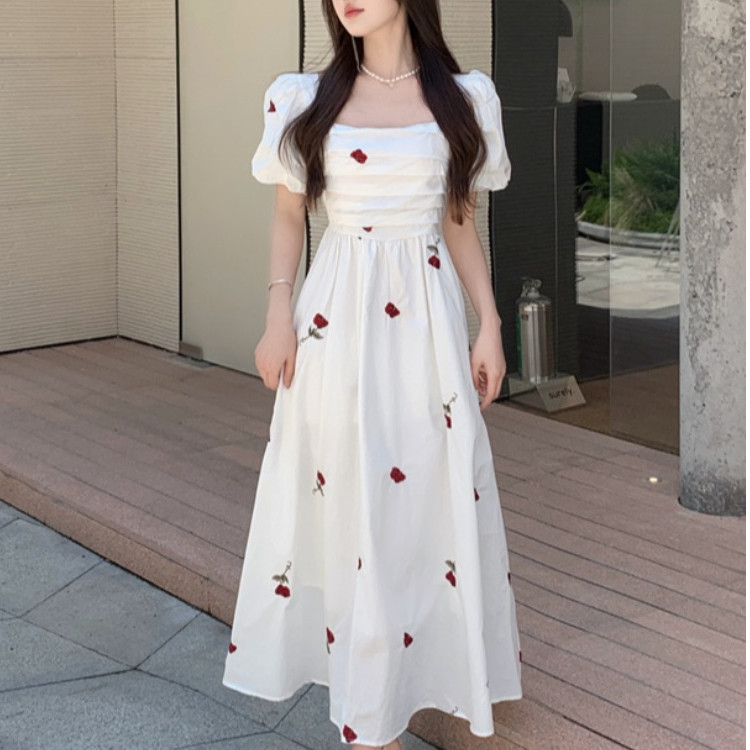 夏季新款学生玫瑰花印花连衣裙女
