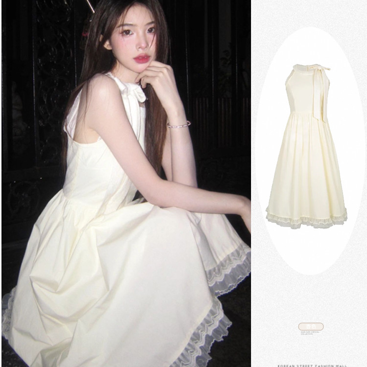 法式芭蕾小香风无袖挂脖系带蝴蝶结蕾丝花边连衣裙女夏季高腰长裙,女装/女士精品,连衣裙,淘宝优惠券,粉丝福利购,淘宝优惠卷