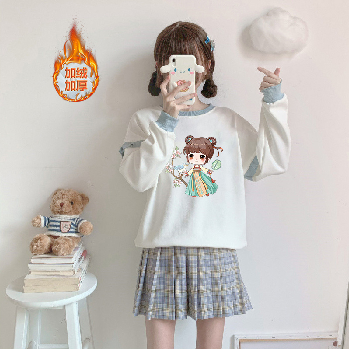 加绒少女学生日系卫衣女秋冬小清新荷叶边拼接套头上衣初高中外套