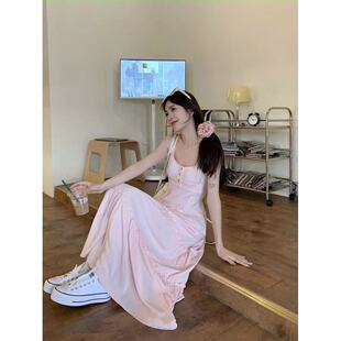 粉色甜美学生吊带连衣裙女夏季新款气质露背长裙收腰显瘦A字裙子