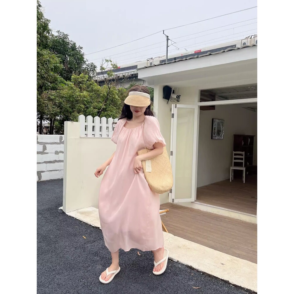 高级感甜美春夏装纯色天丝法式连